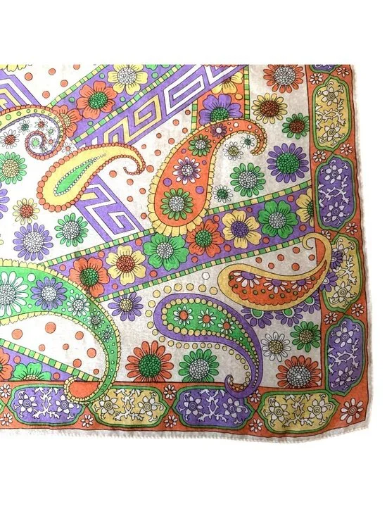 VTG Floral Paisley Print Square Scarf Purple Green Orange Bohemian Style Hippie - Picture 4 of 7